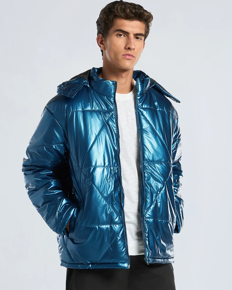 bewakoof Men's Teal Blue Oversized Puffer Jacket